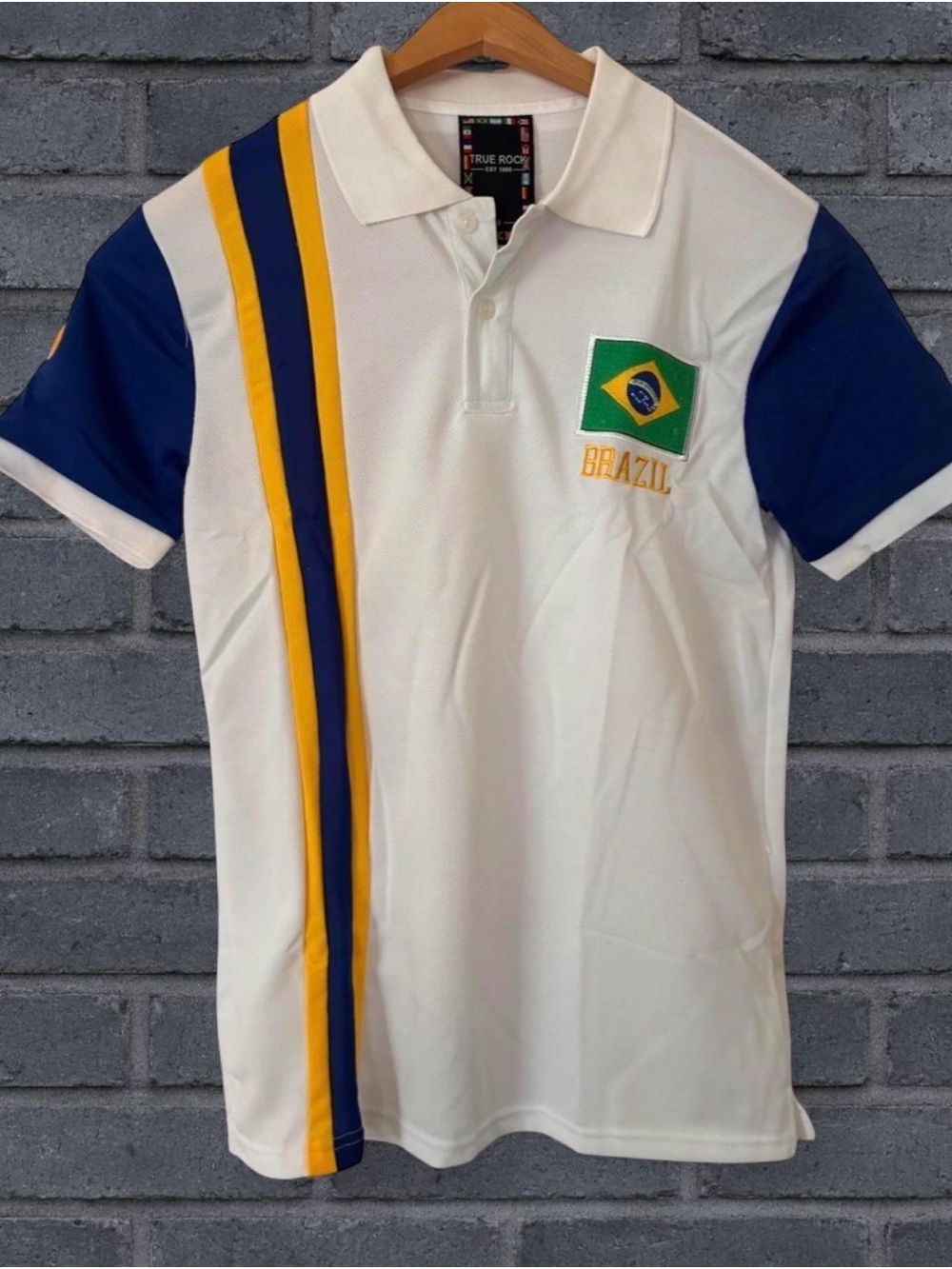 True Rock Brazil Flag Polo Shirt - White with Blue & Yellow Accents Size Small